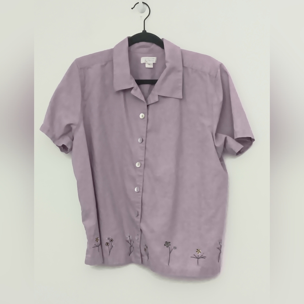 Christopher & Banks Women's Size XL Lavender Linen Short Sleeve Button-Up Blouse